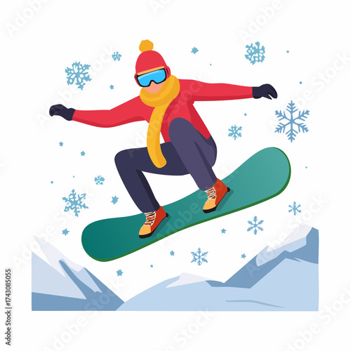 Snowboarder in mid-air with snowy mountain background.