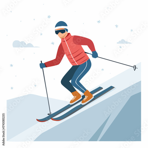 Illustration of a skier skiing down a snowy slope on a winter day.