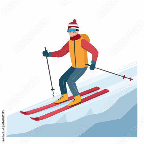 Illustration of a skier skiing down a snowy slope with poles.