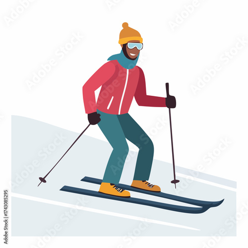 Man skiing downhill in winter, wearing a red jacket and yellow hat.