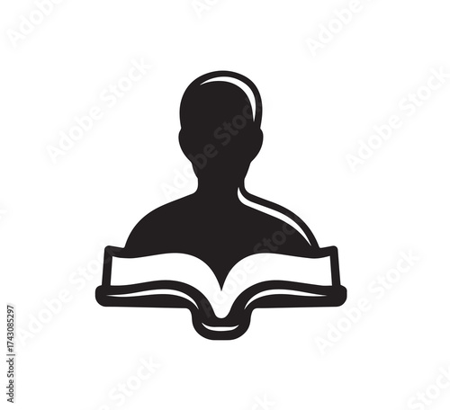Black silhouette of a person reading an open book against a white background vector