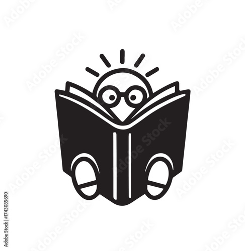 Black silhouette of a stylized sun wearing glasses reading an open book with rays emanating from its head