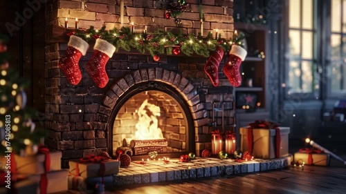Cozy fireplace decorated for Christmas with stockings and warm glowing light.