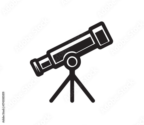 Black silhouette of a telescope on a tripod against a white background astronomy science