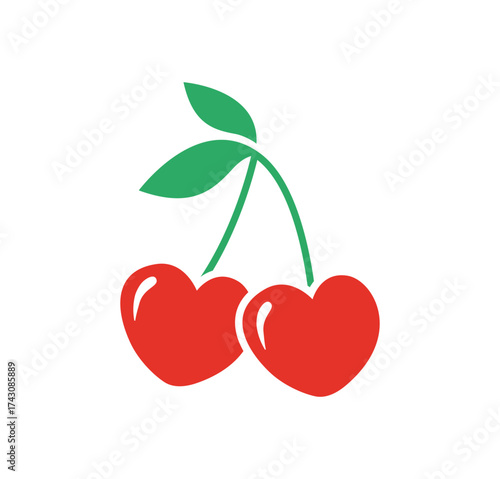 Stylized red cherries with green leaf – vector illustration