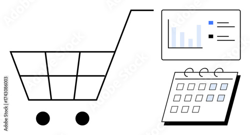 Cart alongside analytics chart and calendar symbolizes e-commerce, planning, and tracking purchases. Ideal for retail, marketing, analytics, sales, scheduling, business strategies simple flat