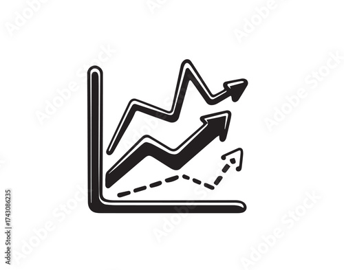 Hand drawn black and white graph with rising arrows and dashed line indicating growth and progress chart