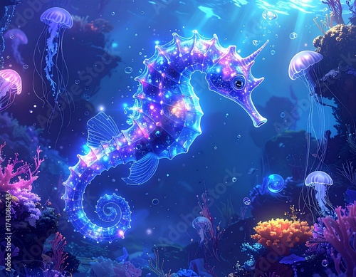 underwater scene with coral reef, A surreal digital illustration of a glowing seahorse swimming through a dreamlike underwater world filled with floating jellyfish