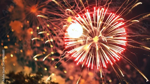 Vibrant fireworks bursting in night sky with sparkling trails and colorful explosions.