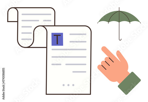 Document scroll, hand pointing to text, green umbrella. Ideal for insurance, editing, decision-making, protection, content review legal responsibility. Simple flat metaphor