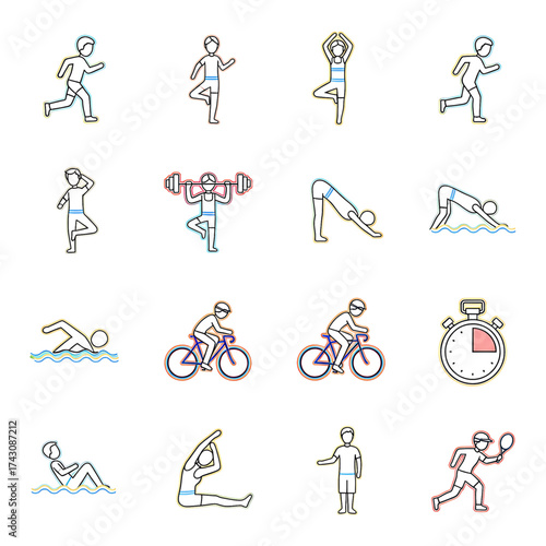Fitness and Sports Activities Vector Icons – Yoga, Running, Cycling, Swimming, and Exercise Set