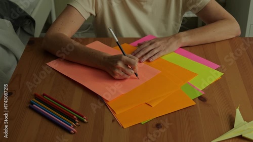 Top view of female hands drawing with pencil on colorful paper sheets