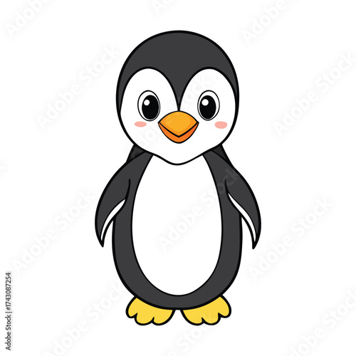 A fluffy baby penguin with soft gray feathers, tiny wings, and curious black eyes waddles adorably across the snow, radiating innocence and playful charm.

