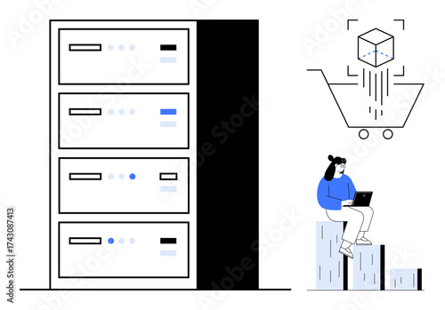 Large server rack, shopping cart icon with falling box, person sitting on stacked blocks using a laptop. Ideal for technology, e-commerce, logistics, data analysis, cloud computing, retail