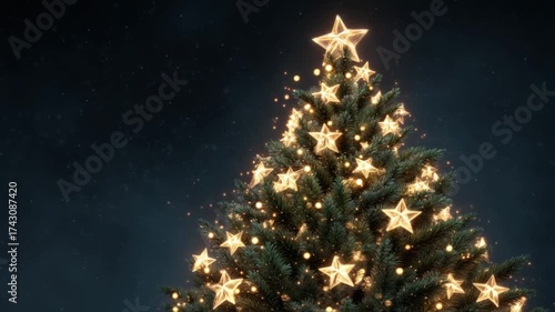 Beautiful rotating Christmas tree with golden lights and glowing star at night.