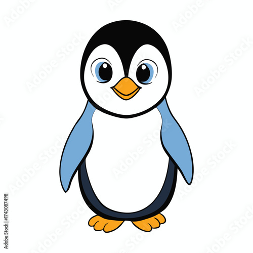 A fluffy baby penguin with soft gray feathers, tiny wings, and curious black eyes waddles adorably across the snow, radiating innocence and playful charm.
