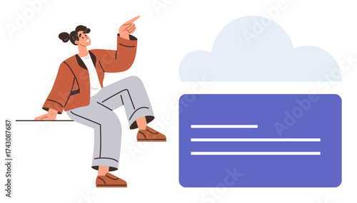 Woman gesturing while seated near cloud and text box. Ideal for communication, creativity, storytelling, teamwork, cloud computing, learning, and inspiration themes. A simple flat metaphor