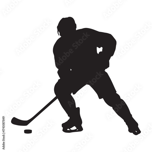 Hockey player silhouette in action with puck and stick sport graphic
