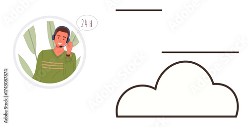 Headset-wearing support agent handling 247 service call, next to a cloud icon. Ideal for customer service, cloud computing, remote assistance, technology, communication, troubleshooting, helpdesk