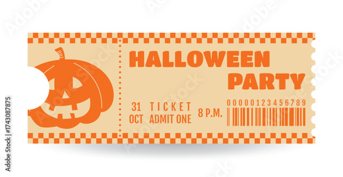 Halloween party ticket template. Holiday event admission, admit one. Festive retro typography and spooky pumpkin on light background. Vector layout for themed events, promotions and entertainment.