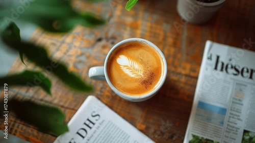 Fresh cup of coffee with latte art on wooden table next to magazine in cozy morning atmosphere.