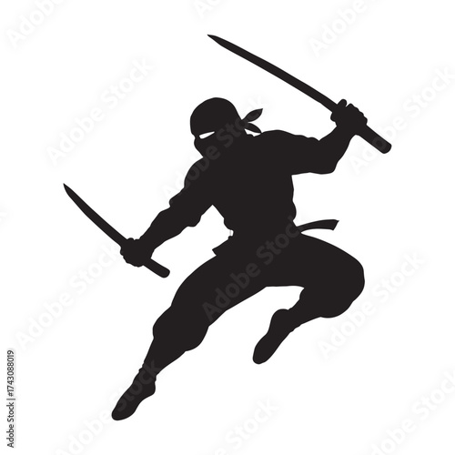 Dynamic silhouette ninja warrior in action with two swords