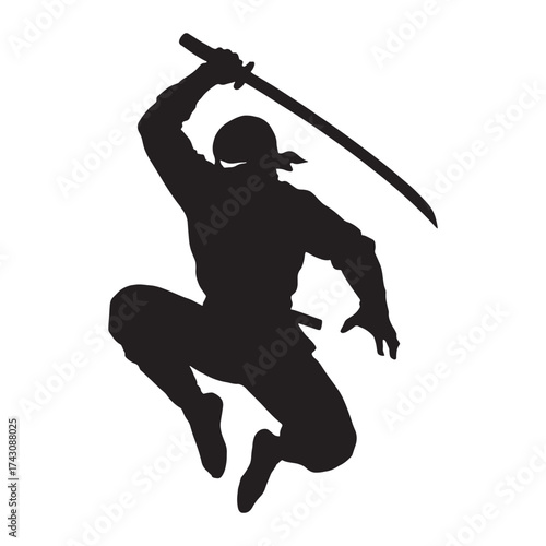 Dynamic ninja silhouette mid air attack with katana sword