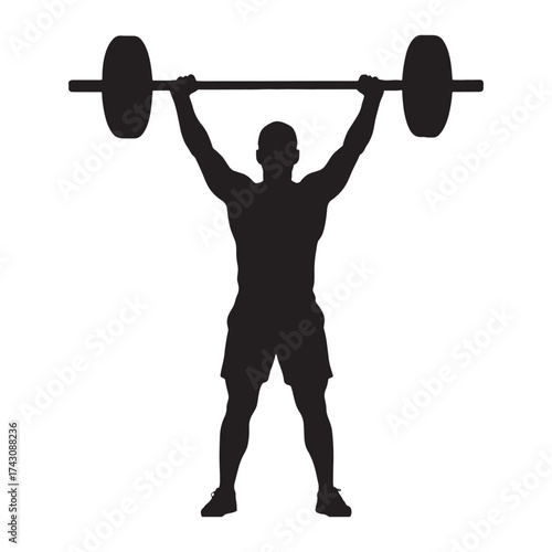 Silhouette of weightlifter lifting barbell overhead fitness gym icon