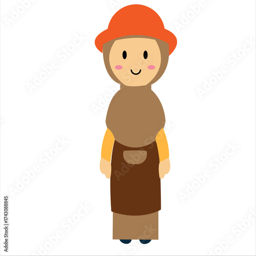 Illustration of a coffee waitress wearing a headscarf and orange hat, standing upright.