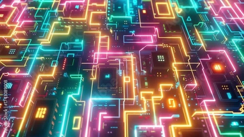 Futuristic neon circuit pattern with glowing lines and geometric shapes representing digital network.