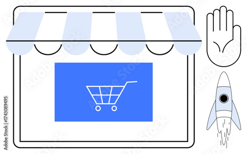 Online shop with a storefront awning, shopping cart icon, raised hand for caution, and rocket launching. Ideal for e-commerce, startups, online shopping, digital growth, innovation security