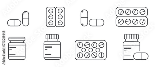 Essential outline icons showcasing diverse pharmaceutical products, from individual pills and capsules to blister packs and medicine bottles, ideal for healthcare and medical design concepts