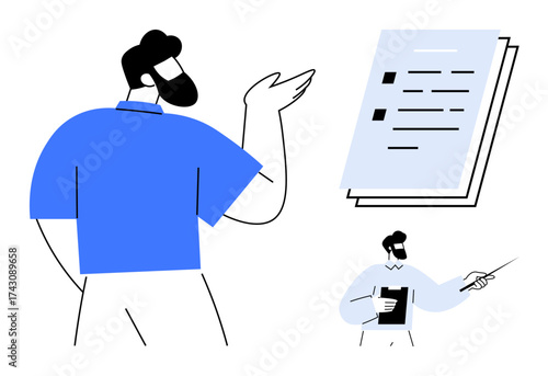 Man presenting detailed report, gesturing towards pages. Supporting figure holding pointer. Ideal for presentation, teamwork, communication, education, instruction business reporting. Simple flat