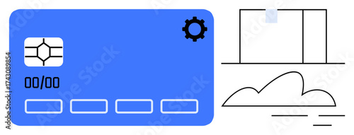 Blue credit card with chip and gear for fintech, abstract transactional symbols including bar, cloud, and flow. Ideal for finance, technology, innovation, security, globalization banking marketing