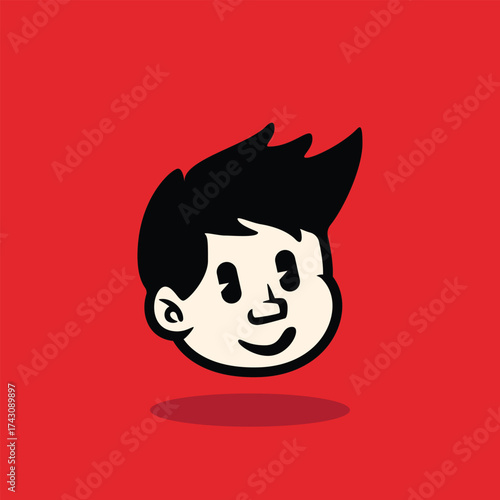 Cartoon boy face with messy spiky hair and neutral expression. Bold outline, flat vector style on red background. Perfect for mascot, avatar, sticker, and branding. EPS vector file