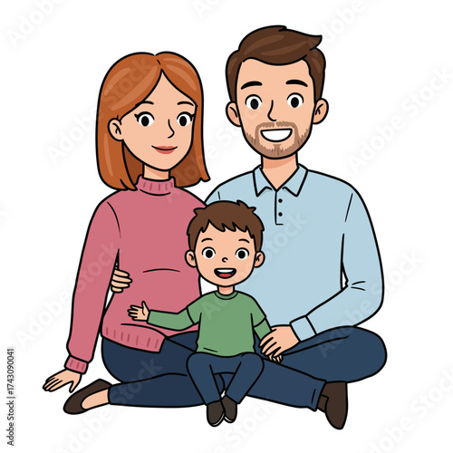 Happy Cartoon Family of Three Sitting Together, Isolated on White