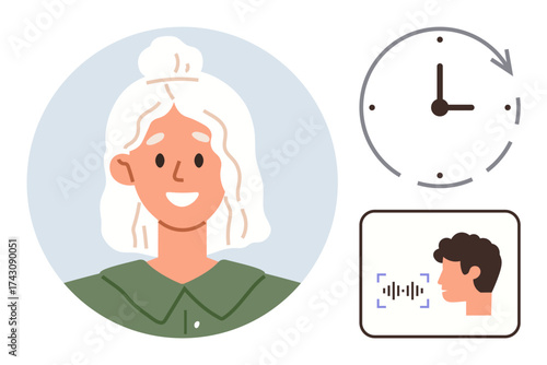 Smiling woman with white hair in a circle, clock with arrow showing time, voice recognition interface. Ideal for communication, time management, identity, speech analysis, AI productivity. Simple