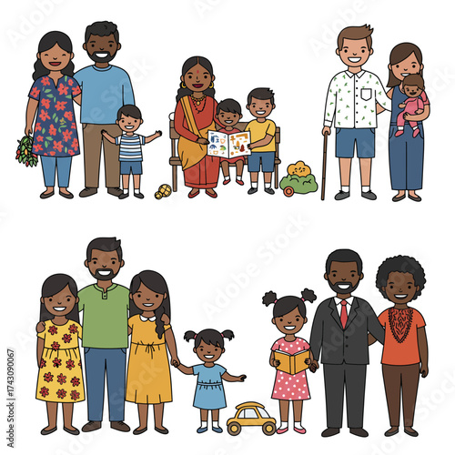 Diverse Families and Generations Illustration Set with Multicultural People, Parents, Children, Grandparents, and Inclusive Characters
