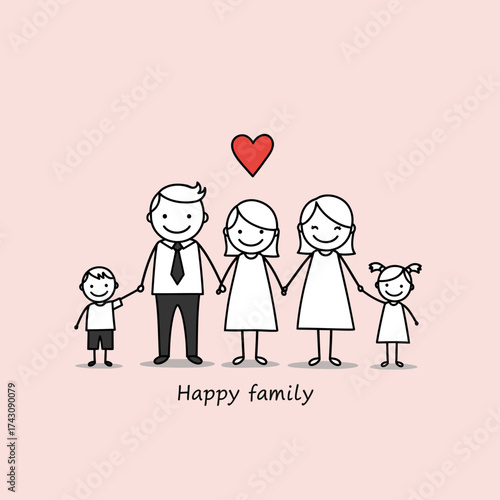 Smiling Stick Figure Family Illustration with Red Heart
