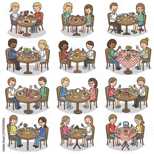 Diverse People Dining Together: Illustrated Collection of Friends and Couples Enjoying Meals