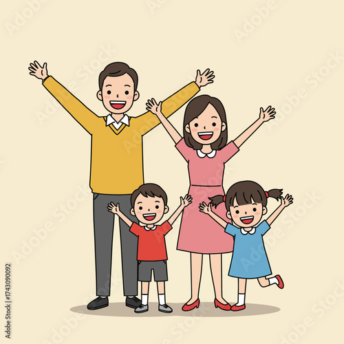 Happy Cartoon Family of Four with Raised Arms