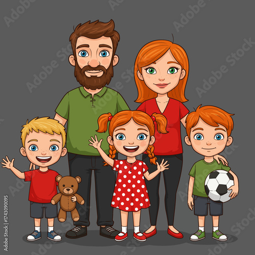 Happy Cartoon Family of Five with Parents and Three Children Illustration