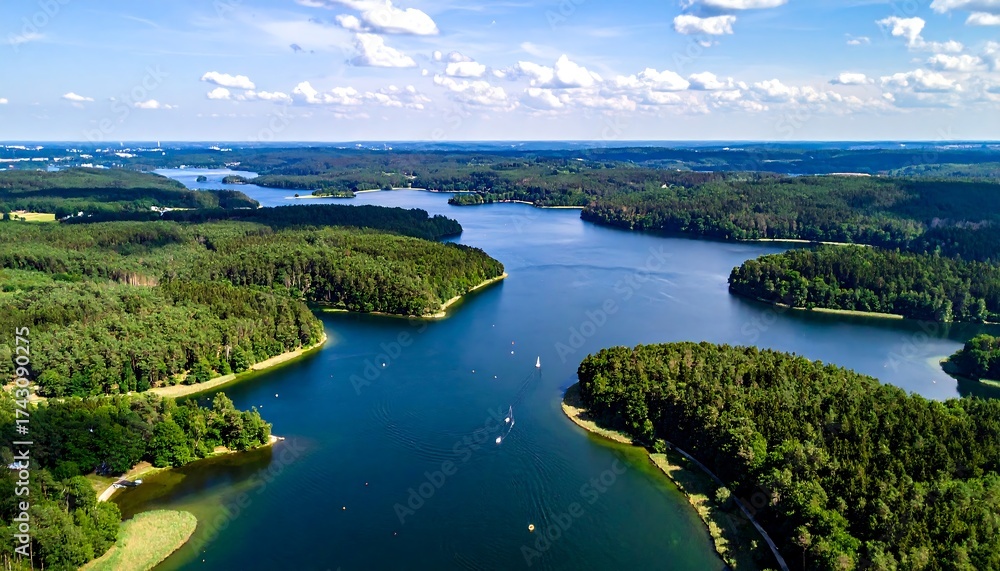 Fototapeta premium Scenic lake, dense forests, aerial view