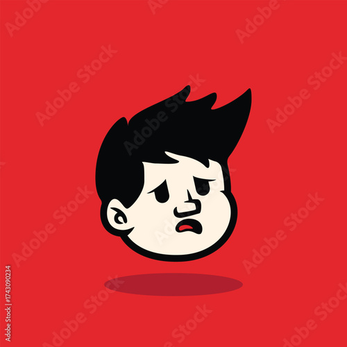 Cartoon boy face with messy spiky hair and neutral expression. Bold outline, flat vector style on red background. Perfect for mascot, avatar, sticker, and branding. EPS vector file