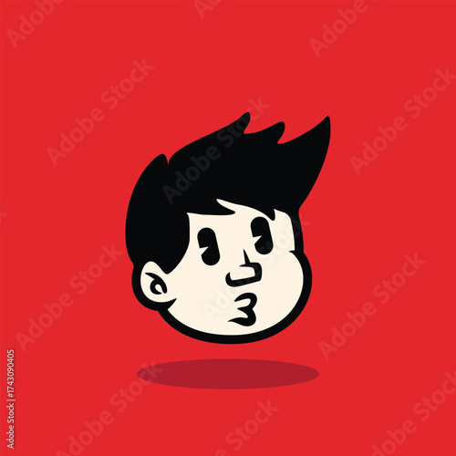 Cartoon boy face with messy spiky hair and neutral expression. Bold outline, flat vector style on red background. Perfect for mascot, avatar, sticker, and branding. EPS vector file