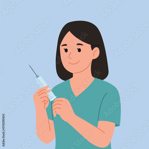 Female Nurse Holding Syringe Preparing Injection, Vaccination Concept Flat Design Illustration