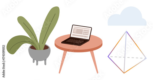 Laptop on a wooden table, next to a potted plant, adjacent to a geometric shape and cloud. Ideal for creativity, productivity, minimalism, innovation, design, work-life balance simple flat metaphor