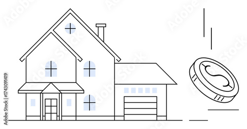Residential home design with simple lines and falling coin illustration symbolizing investment, saving, and property finance. Ideal for real estate, savings, investment, home loans, mortgages