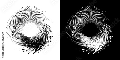 Dynamic abstract spiral sound wave rhythm lines. Circular spiral sound wave rhythm of lines. Circular futuristic abstract lines, black and white background.	
