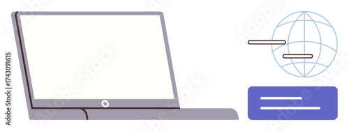 Open laptop next to a globe icon and a dashboard element suggesting global networking, online communication, technology integration. Ideal for business, education, technology, networking, remote